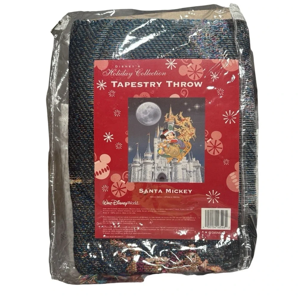 Vintage Disney Christmas Woven Tapestry Throw‎ Mickey Santa Castle Blanket